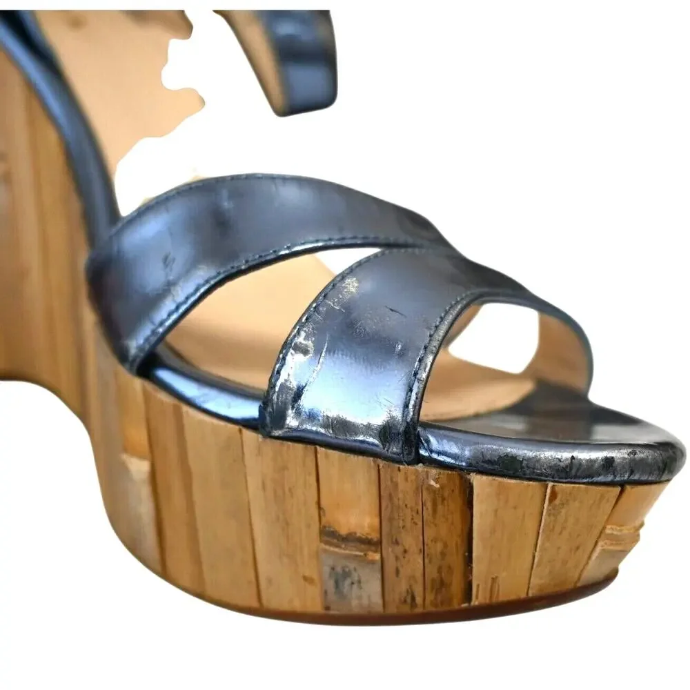 Prada Blue Metallic Leather Bamboo Wedge Platform Sandals Size 39